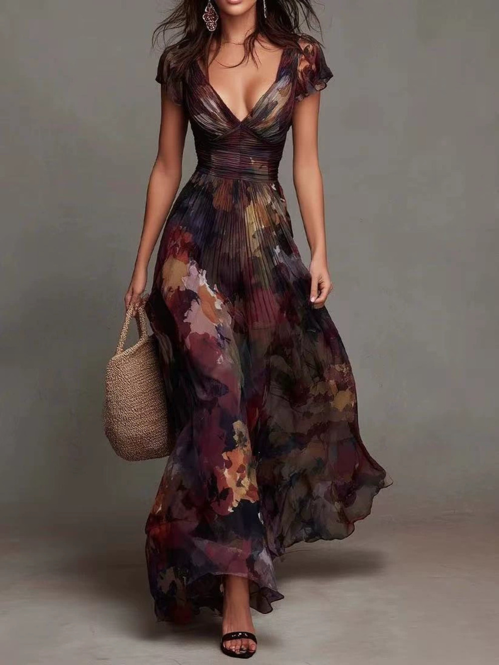 ZARA Ombre Print Ruched Waist Mermaid Deep V Flared Dress